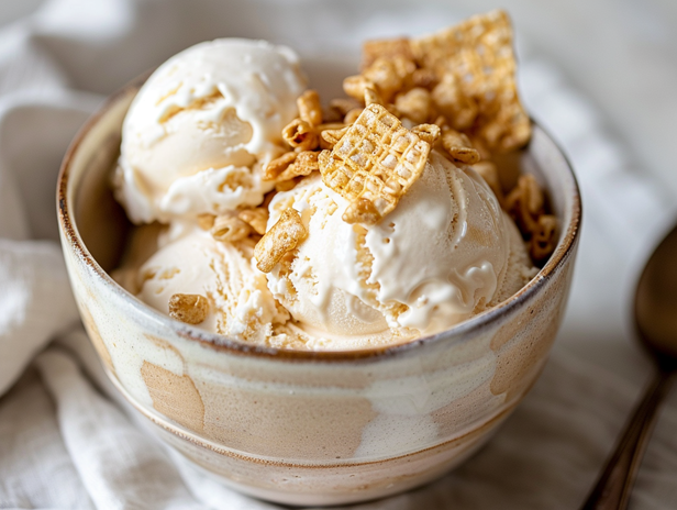 Ice cream with rice krispies served in a bowl, creamy and crunchy