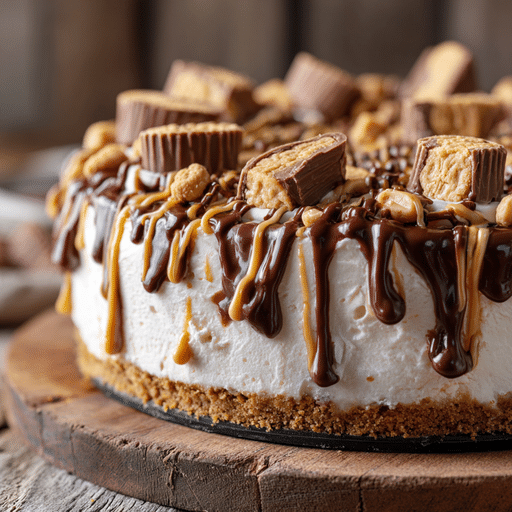 u6798196942_A_close-up_of_a_multi-layer_Reese_Cup_Ice_Cream_C_f5bf3c48-e254-4dd4-acc5-2927e6788593_2 Reese Cup Ice Cream Cake on rustic table