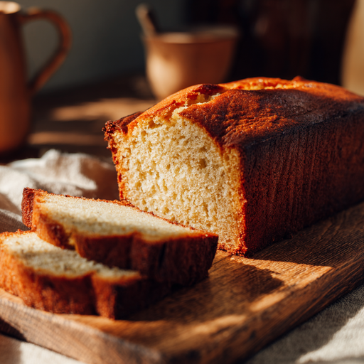 Banana pound cake on wooden board with golden crust