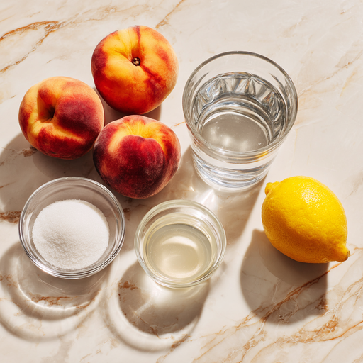 u6798196942_Flat_lay_of_4_peach_syrup_ingredients_on_a_marble_d6e94a82-63c1-42cb-b6ad-f012ca76f607_1 (1) peach fruit syrup ingredients flat lay