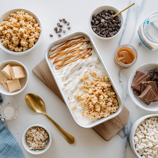 u6798196942_Flat_lay_of_ingredients_for_ice_cream_with_rice_k_4b3383f0-7862-445b-99ca-6b85d132b6fd_0 Ingredients for making ice cream with rice krispies laid out on a wooden table