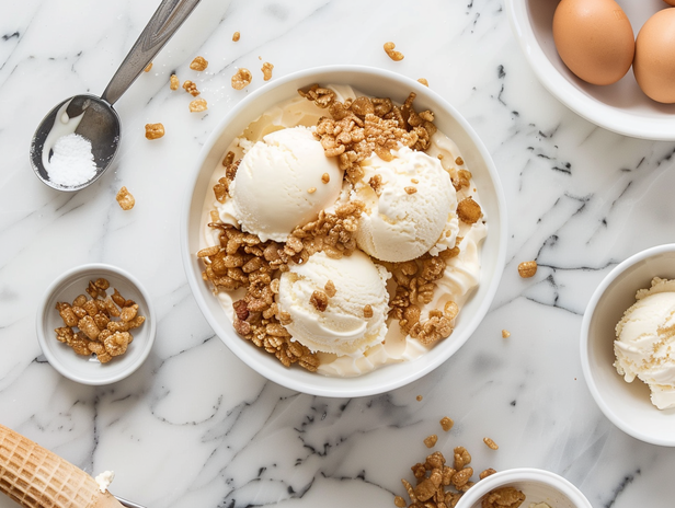 u6798196942_Minimalist_printable-style_recipe_card_layout_sho_1d0b3e0e-c0d1-4f43-9dcd-e4fcce95a05c_3 A scoop of ice cream rolled in rice krispies, plated and topped with caramel