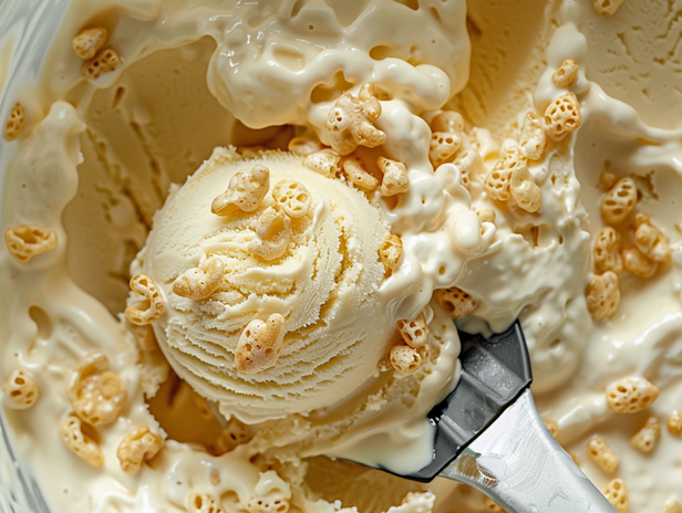 u6798196942_Mixing_rice_krispies_into_softened_ice_cream_in_a_f559ec03-1b57-4d29-9781-2e268ad249e2_0 Rice krispies being folded into softened vanilla ice cream