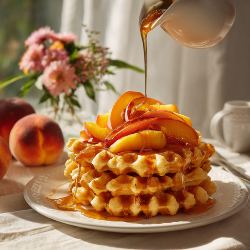 u6798196942_Peach_fruit_syrup_poured_over_a_stack_of_golden_w_46e29aad-7eaf-4be2-9cd5-d407cc78b215_3 peach syrup on waffles