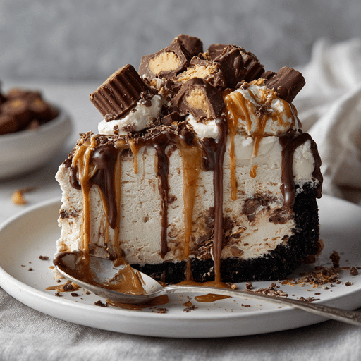 Slice of Reese Cup Ice Cream Cake on a plate with spoon, dripping fudge, peanut butter cup garnish, styled like a food magazine feature.