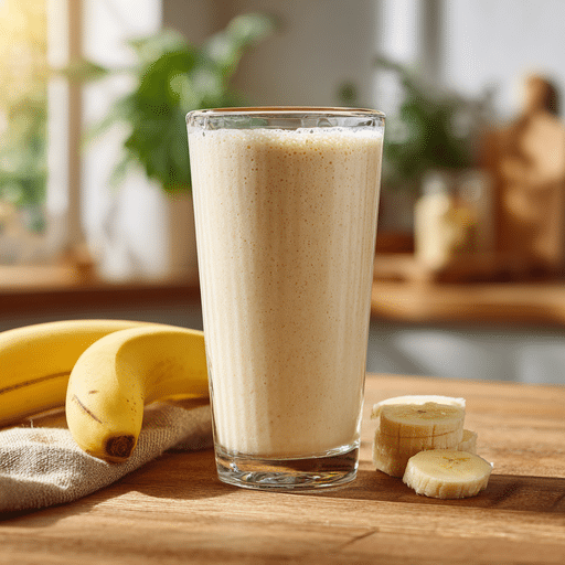 good vanilla protein shakes on a wooden kitchen counter with banana slices