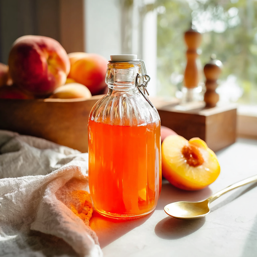 peach fruit syrup in bottle on rustic table