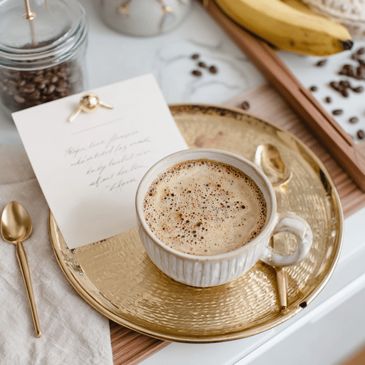 Hot banana coffee served on a golden tray with recipe card and spoon