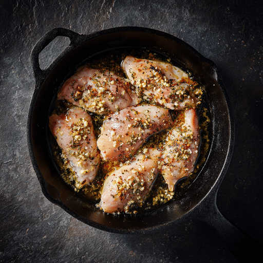 cooking chicken in skillet with garlic
