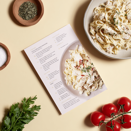 recipe card for chicken Boursin cheese pasta