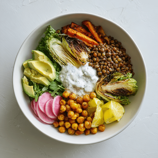 Fibre Maxxing Bowl with Lentils, Roasted Veggies and Avocado