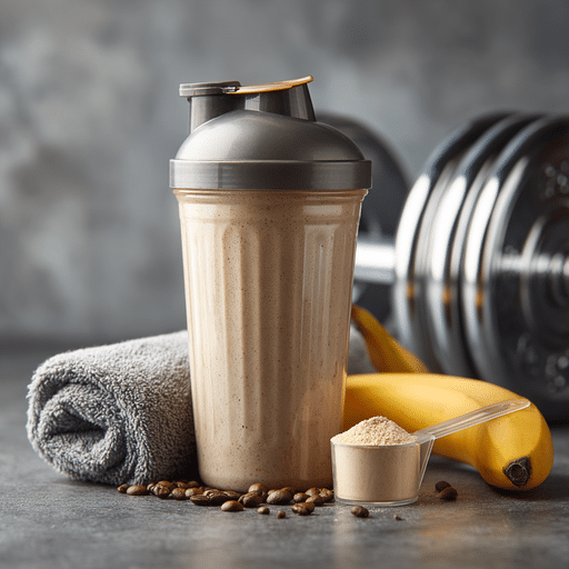 Banana coffee protein shake with banana, coffee beans, and protein powder