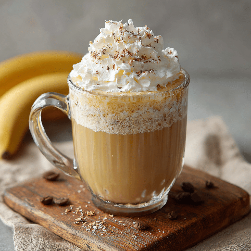 Banana coffee with whipped cream on rustic table