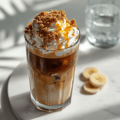 Iced banana coffee with whipped cream, banana slices, and caramel drizzle