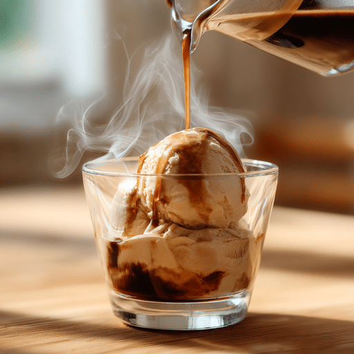 Banana coffee with hot espresso poured over banana ice cream